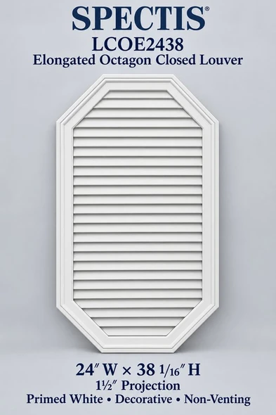 LCOE2438 Elongated Octagon Closed Louver — 24″ W × 38 1/16″ H — Primed White