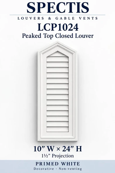 LCP1024 Peaked Top Closed Louver — 10″ W × 24″ H — Primed White — 1½″ projection; decorative, non-venting