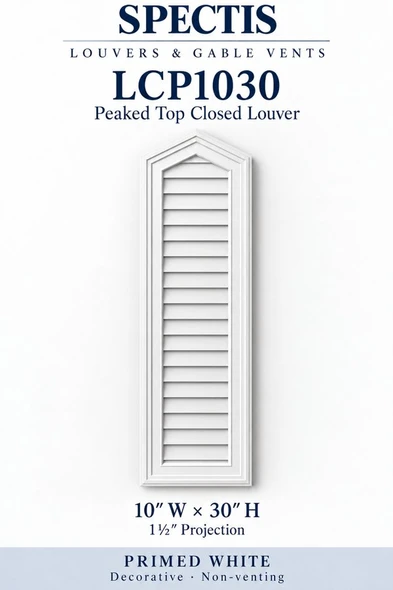 LCP1030 Peaked Top Closed Louver — 10″ W × 30″ H — Primed White — 1½″ projection; decorative, non-venting