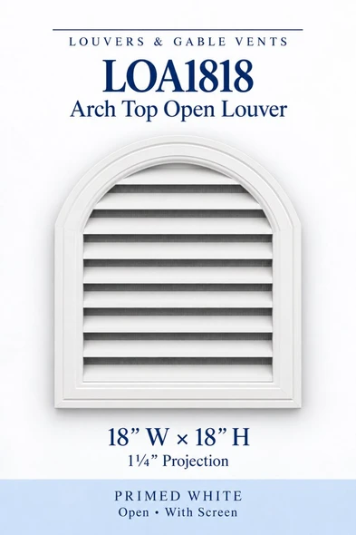 LOA1818 Arch Top Open Louver Vent — 18″ W × 18″ H — Primed White