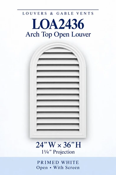 LOA2436 Arch Top Open Louver Vent — 24″ W × 36″ H — Primed White