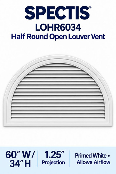 LOHR6034 Half Round Open Louver Vent — 60″ W × 34″ H — Primed White