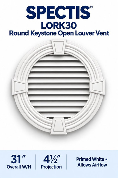 LORK30 Round with Keystones Open Louver Vent — 31″ W × 31″ H — Primed White