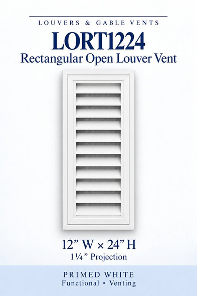 LORT1224 Rectangular Open Louver Vent — 12″ W × 24″ H — Primed White