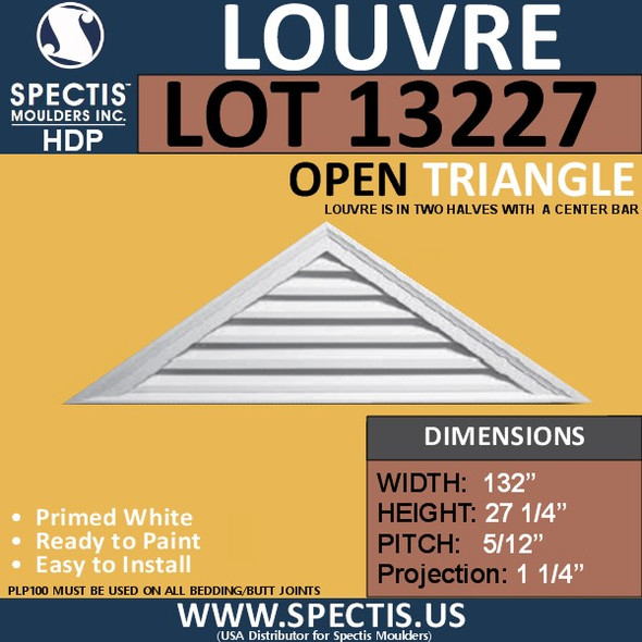 LOT 13227 Triangle Gable Louver Vent - Open - 132 x 27 1/4