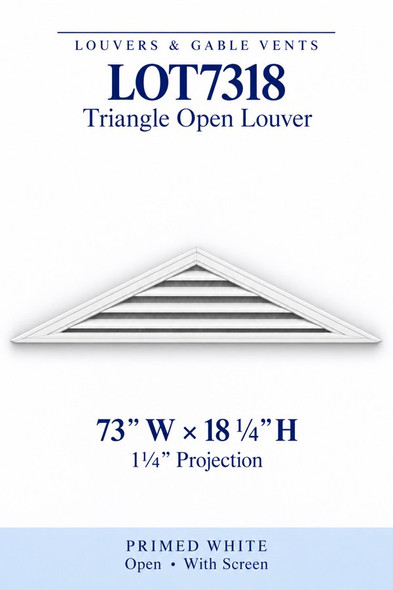 LOT7318 Triangle Open Louver Vent — 73″ W × 18 1/4″ H — Primed White