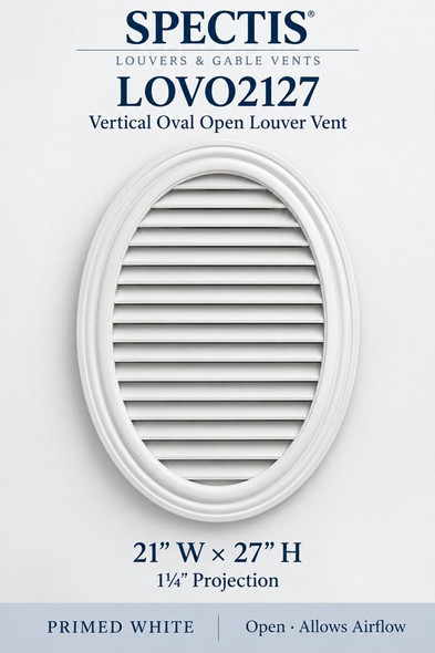 LOVO2127 Vertical Oval Open Louver Vent — 21″ W × 27″ H — Primed White — 1¼″ projection; open airflow