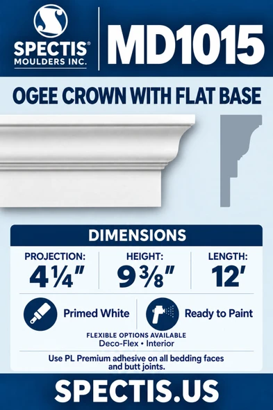 MD1015 ogee crown with recessed flat lower base and CAD-derived side profile; 4¼″ projection x 9⅜″ height x 12′ length. Deco-Flex interior option.