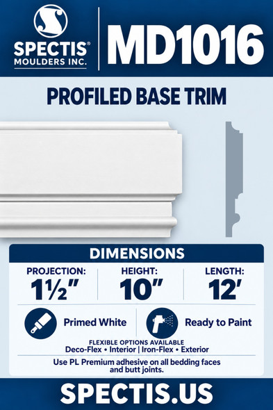 MD1016 Profiled Base Trim; 1½″ projection x 10″ height x 12′ length, primed white, CAD-derived grey side profile. Deco-Flex interior and Iron-Flex exterior options.