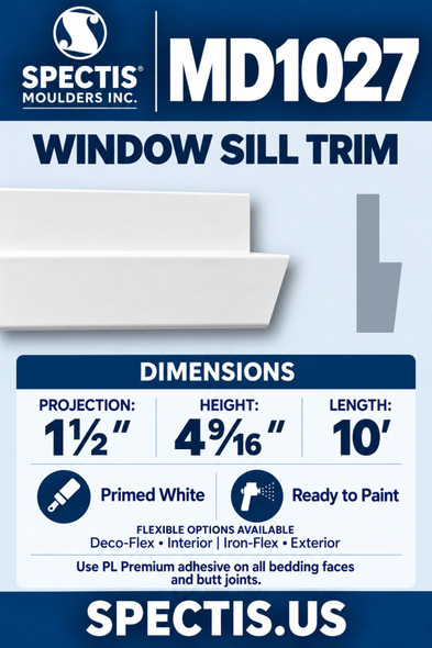 MD1027 Window Sill Trim, 1½″ projection × 4 9/16″ height × 10′ length; primed white with manufacturer CAD side profile