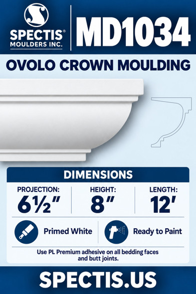 MD1034 Ovolo Crown Moulding, 6½″ projection × 8″ height × 12′ length; smooth primed white polyurethane with manufacturer CAD side profile