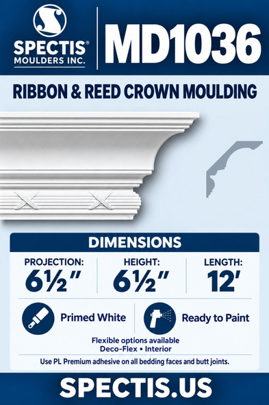 MD1036 Ribbon & Reed Crown Moulding, 6½″ projection × 6½″ height × 12′ length; primed polyurethane with manufacturer CAD side profile