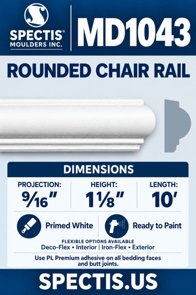 MD1043 Rounded Chair Rail Moulding — Polyurethane — 9/16″ P × 1⅛″ H × 10′ L; primed white product face and CAD-derived grey side profile.