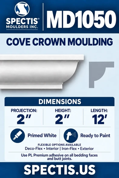Spectis MD1050 cove crown moulding: 2 inch projection, 2 inch height, 12 foot length. Primed white. Deco-Flex Interior and Iron-Flex Exterior options.