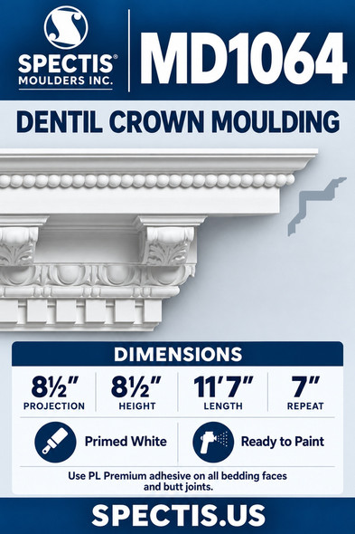 MD1064 Dentil Crown Moulding — Polyurethane — 8½″ P × 8½″ H × 11′7″ L — product dimensions and side profile