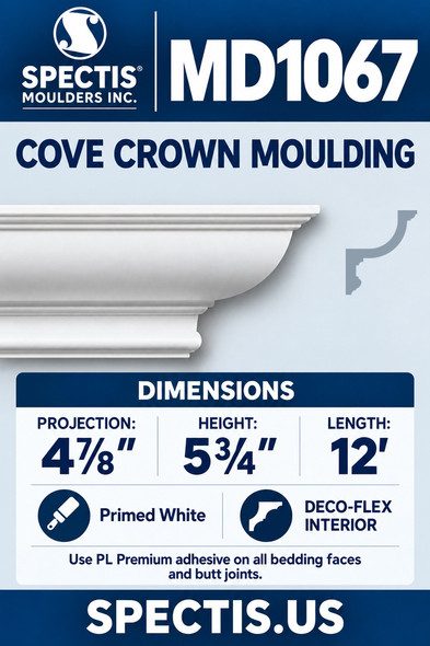 MD1067 Cove Crown Moulding — Polyurethane — 4⅞″ P × 5¾″ H × 12′ L — dimensions, finish and available material options