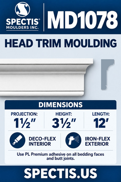 MD1078 Head Trim Moulding — Polyurethane — 1½″ P × 3½″ H × 12′ L — dimensions, finish and available material options