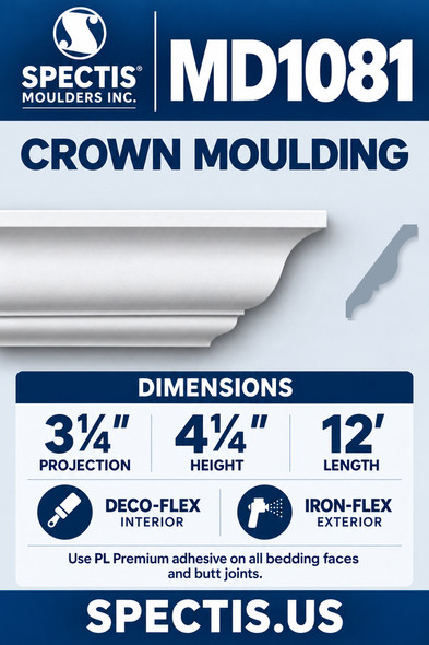 MD1081 Crown Moulding — Polyurethane — 3¼″ P × 4¼″ H × 12′ L — dimensions, finish and available material options