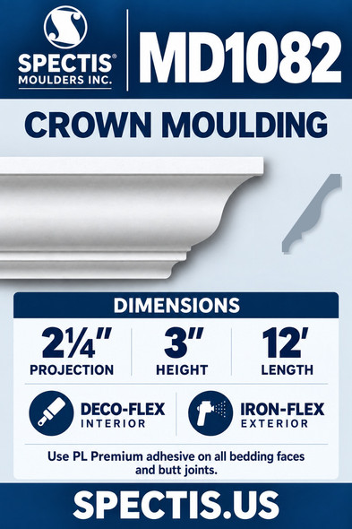MD1082 Crown Moulding — Polyurethane — 2¼″ P × 3″ H × 12′ L — dimensions, finish and available material options