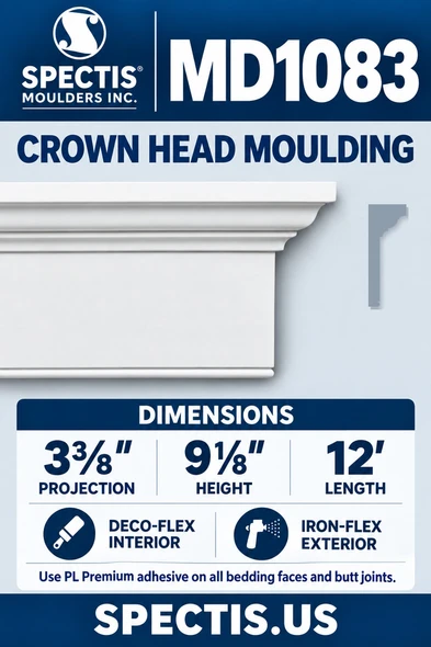 MD1083 Crown Head Moulding — Polyurethane — 3⅜″ P × 9⅛″ H × 12′ L — dimensions, finish and available material options