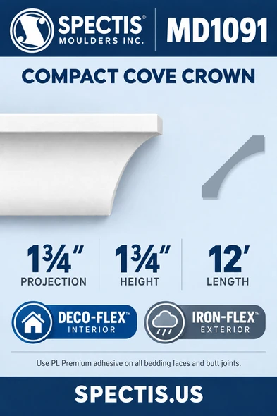 Spectis MD1091 compact cove crown moulding, section and side profile. 1¾ inch projection, 1¾ inch height, 12 foot length. Use PL Premium adhesive. Flexible options: Deco-Flex for interior use; Iron-Flex for exterior use.