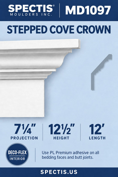 MD1097 Stepped Cove Crown — Polyurethane — 7¼″ P × 12½″ H × 12′ L — dimensions, finish and available material options