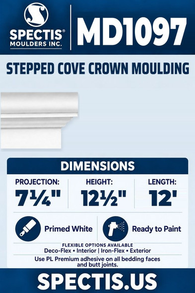 Spectis MD1097 stepped cove crown moulding, section and side profile. 7¼ inch projection, 12½ inch height, 12 foot length. Use PL Premium adhesive. Flexible options: Deco-Flex for interior use; Iron-Flex for exterior use.