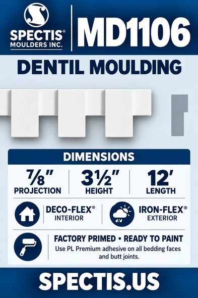 MD1106 Dentil Moulding — ⅞″ projection × 3½″ height × 12′ length — Deco-Flex interior and Iron-Flex exterior options