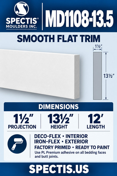 MD1108-13.5 Smooth Flat Trim — 1½″ projection × 13½″ height × 12′ length