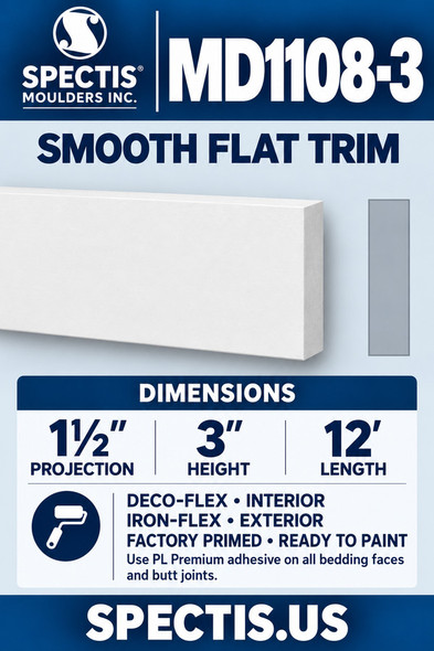 MD1108-3 Smooth Flat Trim — 1½″ projection × 3″ height × 12′ length