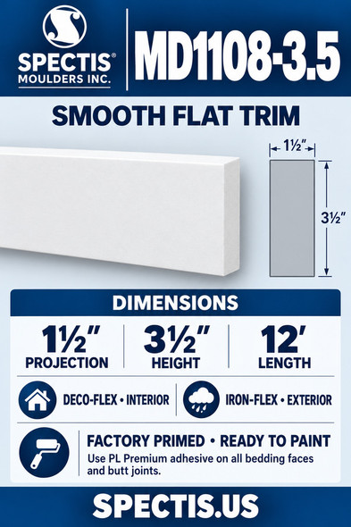 MD1108-3.5 Smooth Flat Trim — 1½″ projection × 3½″ height × 12′ length