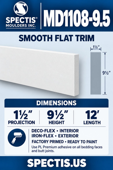 MD1108-9.5 Smooth Flat Trim — 1½″ projection × 9½″ height × 12′ length