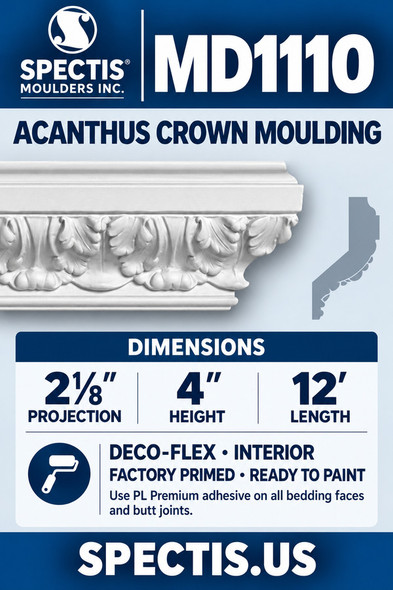 MD1110 Acanthus Crown Moulding — 2⅛″ projection × 4″ height × 12′ length