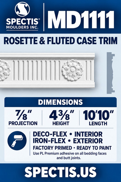 MD1111 Rosette & Fluted Case Trim — ⅞″ projection × 4⅜″ height × 10′10″ length
