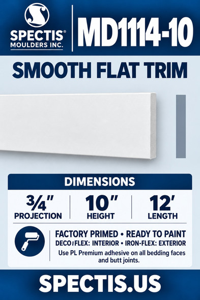 MD1114-10 Smooth Flat Trim — ¾″ projection × 10″ height × 12′ length