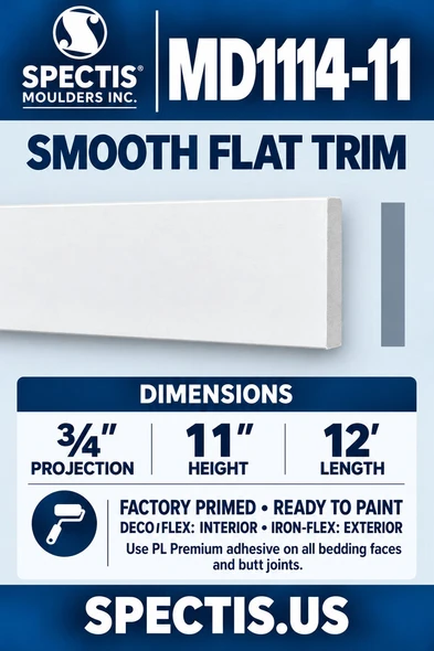 MD1114-11 Smooth Flat Trim — ¾″ projection × 11″ height × 12′ length