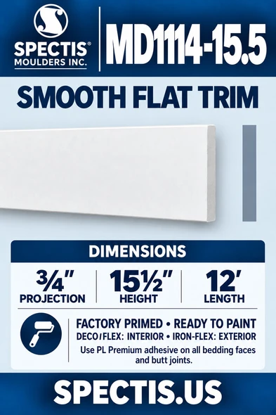 MD1114-15.5 Smooth Flat Trim — ¾″ projection × 15½″ height × 12′ length