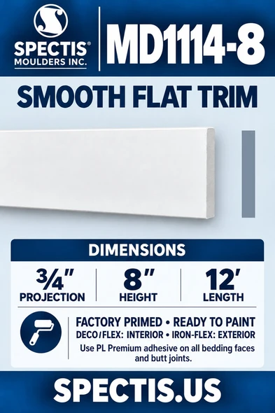 MD1114-8 Smooth Flat Trim — ¾″ projection × 8″ height × 12′ length