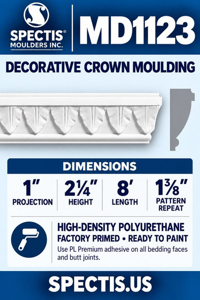 MD1123 Decorative Crown Moulding — corrected leaf face and side profile — 1″ projection × 2¼″ height × 8′ length; 1⅜″ pattern repeat.