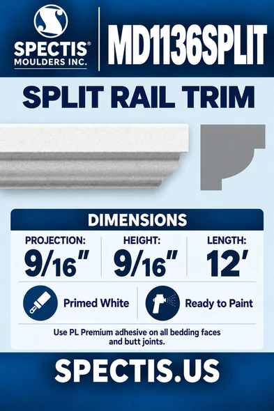 MD1136SPLIT Split Rail Trim — Spectis moulding dimensions and profile