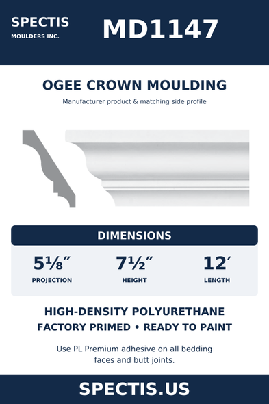 MD1147 Ogee Crown Moulding — Polyurethane — 5⅛″ P × 7½″ H × 12′ L — original Spectis catalogue moulding and side profile; factory primed HDP urethane.
