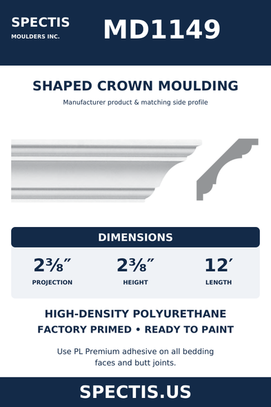 MD1149 Shaped Crown Moulding — Polyurethane — 2⅜″ P × 2⅜″ H × 12′ L — original Spectis catalogue moulding and side profile; factory primed HDP urethane.