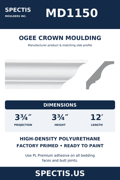 MD1150 Ogee Crown Moulding — Polyurethane — 3¾″ P × 3¾″ H × 12′ L — manufacturer product artwork and side profile; factory primed HDP urethane.