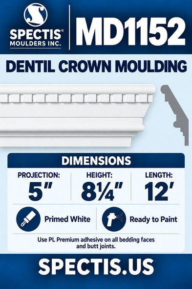 MD1152 Dentil Crown Moulding — Spectis moulding dimensions and profile