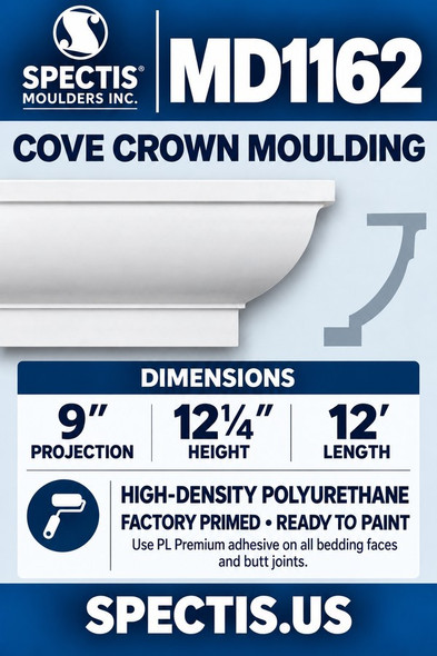 MD1162 Cove Crown Moulding product card — white polyurethane moulding and side profile; 9 inch projection, 12¼ inch height, 12 foot length