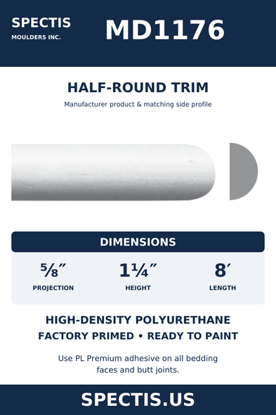 MD1176 Half-Round Trim — dimensions and moulding profile