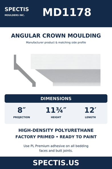 MD1178 Angular Crown Moulding — dimensions and moulding profile