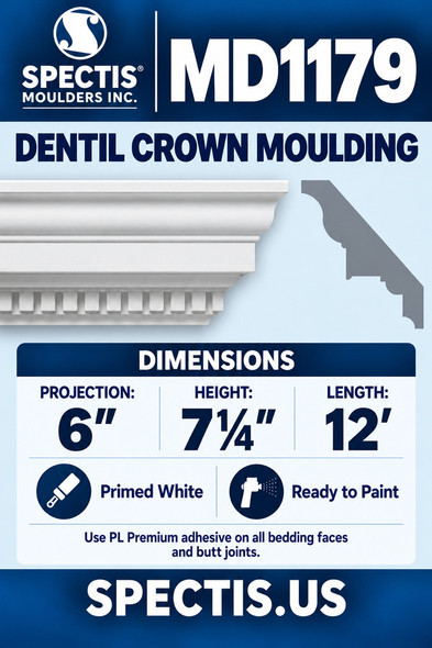 MD1179 Dentil Crown Moulding — Spectis moulding dimensions and profile