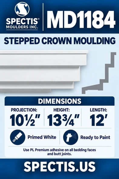 MD1184 Stepped Crown Moulding — Spectis moulding dimensions and profile