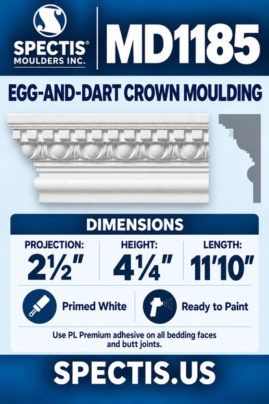 MD1185 Egg-and-Dart Crown Moulding — Spectis moulding dimensions and profile